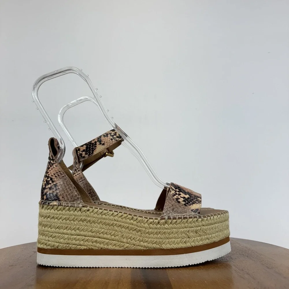 New Womens See By Chloe Glyn Snakeskin Print Platform Espadrille Sandals Size 37
